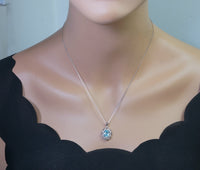 Blue Aquamarine Necklace Silver - March Birthstone - Life Of Flower -Halo Solitaire 2.2 CT - Blue Aquamarine Jewelry #478