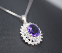 Large Genuine Amethyst Necklace - Sterling Silver Two Layer Cubic Zirconia - February Birthstone - Halo 3 CT Natural Amethyst Pendant