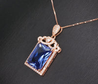 Large Rectangular Tanzanite Necklace - Rose Gold coated Sterling Silver Crown December Birthstone - 10 CT Emerald Cut Tanzanite Pendant