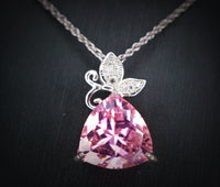 Pink Topaz Necklace - Large Triangle Pink Topaz Pendant, White Gold coated Sterling Silver, Gemstone Butterfly Pendant #631