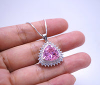 Large Triangle Pink Topaz Necklace, Sterling Silver Gemstone Trillion Pink Gemstone 7 CT Pendant White Gold plated #721