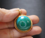 Large Genuine Turquoise Pendant - Gold Coated Sterling Silver Round Natural Green Turquoise Pendant