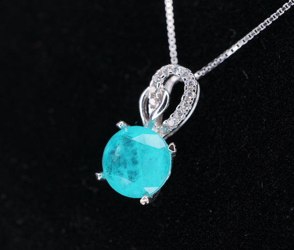 Sterling Silver Round Paraiba Necklace - 8 mm 2 CT Blue Gemstone Pendant Paraiba Tourmaline Necklace #009