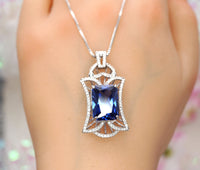 Royal Flower Tanzanite Necklace - Large Rectangle Tanzanite Jewelry - December Birthstone - Bridal Wedding Lab Tanzanite Pendant #888