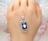 Royal Flower Tanzanite Necklace - Large Rectangle Tanzanite Jewelry - December Birthstone - Bridal Wedding Lab Tanzanite Pendant #888