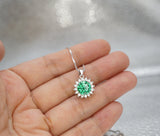 Green Emerald Necklace - Sterling Silver Princess Diana Style Sunflower Style - May Birthstone 2 Ct Lab 8mm Emerald Pendant #241