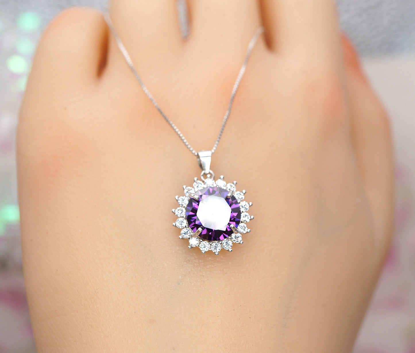 Created Amethyst Necklace - Round Princess Diana Solitaire Amethyst Jewelry - February Birthstone - Large Synthetic Amethyst Pendant 070