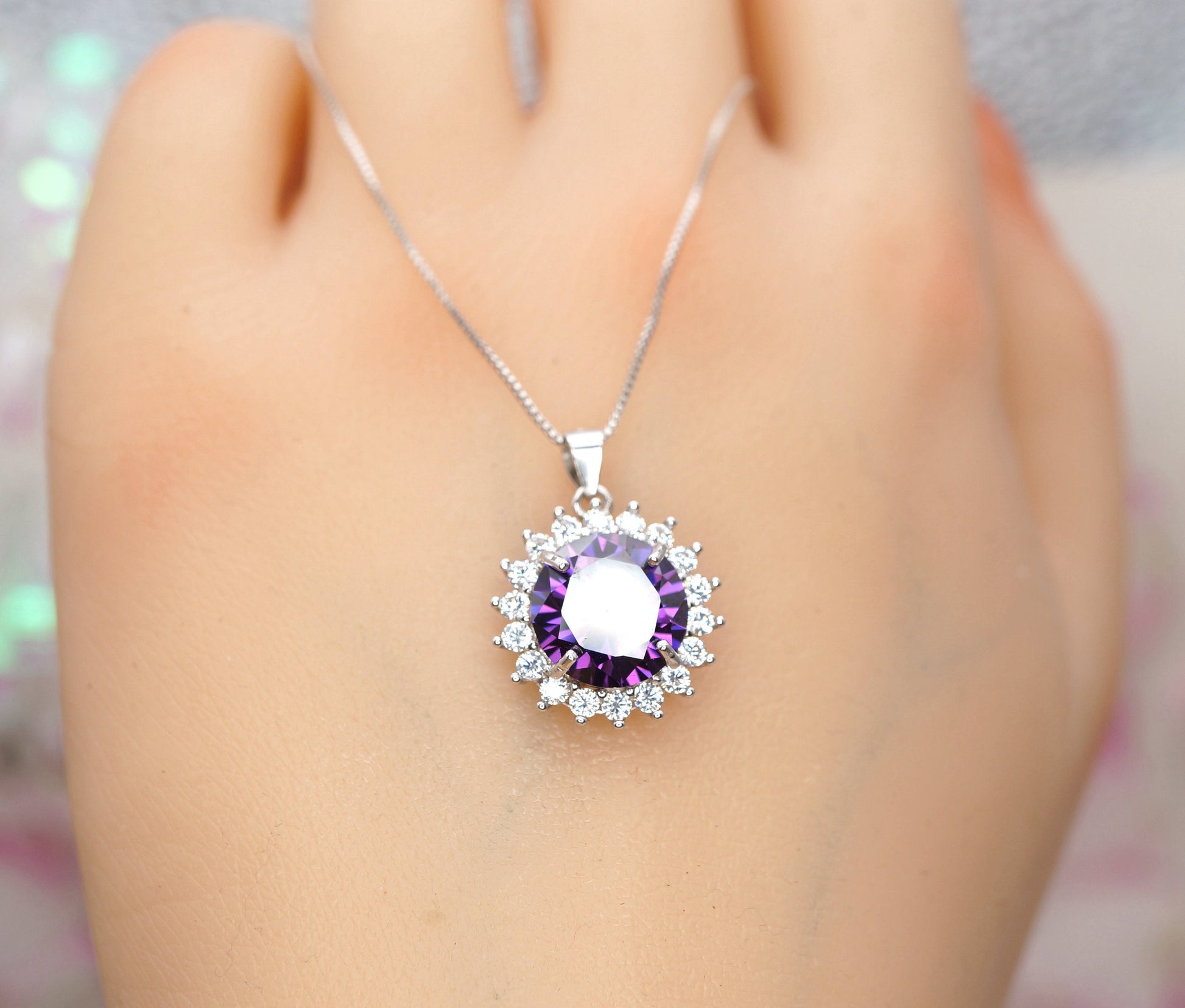 Created Amethyst Necklace - Round Princess Diana Solitaire Amethyst Jewelry - February Birthstone - Large Synthetic Amethyst Pendant 070