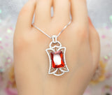 Sunstone Necklace Tangerine Sapphire Jewelry - Large High Quality Square Sterling Silver 9 CT Red Orange Sun Stone Pendant Scissor Cut #779