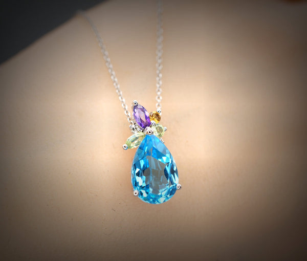 Blue Topaz Necklace - Sterling Silver Teardrop Blue Topaz Pendant - Amethyst Citrine Peridot Jewelry