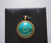 Large Genuine Turquoise Pendant - Gold Coated Sterling Silver Round Natural Green Turquoise Pendant