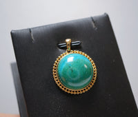 Large Genuine Turquoise Pendant - Gold Coated Sterling Silver Round Natural Green Turquoise Pendant