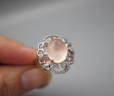 Ring Quartz Ring - Sterling Silver Natural Genuine Large Rose Quartz Adjustable Size USA size 6 ~ 8