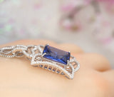 Royal Flower Tanzanite Necklace - Large Rectangle Tanzanite Jewelry - December Birthstone - Bridal Wedding Lab Tanzanite Pendant #888