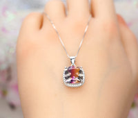 Square Ametrine Necklace - Large Lab created synthetic Ametrine Pendant Sterling Silver White gold plated #348