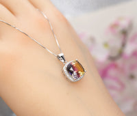 Square Ametrine Necklace - Large Lab created synthetic Ametrine Pendant Sterling Silver White gold plated #348