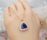 Trillion Tanzanite Necklace - Triangle Halo 10 ct Lab Created Tanzanite Pendant - Rose Gold Sterling Silver Large December Birthstone #728