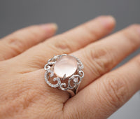 Ring Quartz Ring - Sterling Silver Natural Genuine Large Rose Quartz Adjustable Size USA size 6 ~ 8