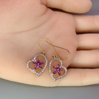 Genuine Amethyst Earrings , Gold coated Sterling Silver Amethyst Heart Earrings , Purple Flower Gold Earrings