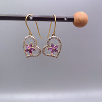 Genuine Amethyst Earrings , Gold coated Sterling Silver Amethyst Heart Earrings , Purple Flower Gold Earrings