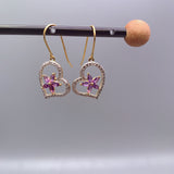 Genuine Amethyst Earrings , Gold coated Sterling Silver Amethyst Heart Earrings , Purple Flower Gold Earrings