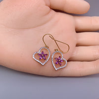 Genuine Amethyst Earrings , Gold coated Sterling Silver Amethyst Heart Earrings , Purple Flower Gold Earrings