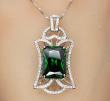 Gemstone Royal Flower Emerald Necklace - Large Sterling Silver 10 Ct Rectangle Green Emerald Pendant - 18KGP @ Sterling Silver #838