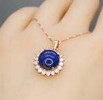 Genuine Lapis Lazuli Necklace Rose Gold Coated Sterling Silver Round Halo Solitaire Princess Diana Style Third Eye Healing Lapis Pendant 373