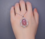 Natural Pink Chalcedony Necklace - 18KGP @ Sterling Silver - Diamond Net Pink Gemstone - Genuine Pink Chalcedony Pendant