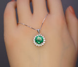 Green Emerald Necklace - Sterling Silver Princess Diana Style Sunflower Style - May Birthstone 2 Ct Lab 8mm Emerald Pendant #241