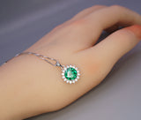 Green Emerald Necklace - Sterling Silver Princess Diana Style Sunflower Style - May Birthstone 2 Ct Lab 8mm Emerald Pendant #241