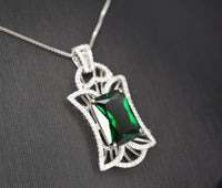 Gemstone Royal Flower Emerald Necklace - Large Sterling Silver 10 Ct Rectangle Green Emerald Pendant - 18KGP @ Sterling Silver #838