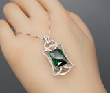 Gemstone Royal Flower Emerald Necklace - Large Sterling Silver 10 Ct Rectangle Green Emerald Pendant - 18KGP @ Sterling Silver #838