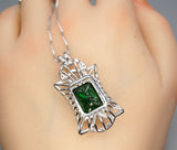 Gemstone Royal Flower Emerald Necklace - Large Sterling Silver 10 Ct Rectangle Green Emerald Pendant - 18KGP @ Sterling Silver #838