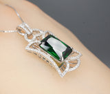 Gemstone Royal Flower Emerald Necklace - Large Sterling Silver 10 Ct Rectangle Green Emerald Pendant - 18KGP @ Sterling Silver #838