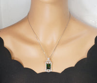 Gemstone Royal Flower Emerald Necklace - Large Sterling Silver 10 Ct Rectangle Green Emerald Pendant - 18KGP @ Sterling Silver #838