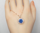 Blue Sapphire Necklace - Rose Gold - Gemstone Halo Sun 4 CT Royal Blue Sapphire Pendant - Sterling Silver September Birthstone #524