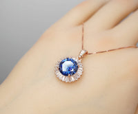 Blue Sapphire Necklace - Rose Gold - Gemstone Halo Sun 4 CT Royal Blue Sapphire Pendant - Sterling Silver September Birthstone #524