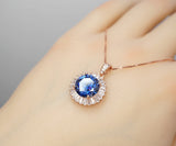 Blue Sapphire Necklace - Rose Gold - Gemstone Halo Sun 4 CT Royal Blue Sapphire Pendant - Sterling Silver September Birthstone #524