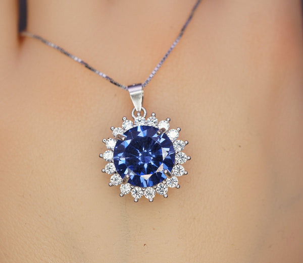 10mm 3 ct Tanzanite Necklace - Princess Diana Sunflower Simple Solitaire Halo - Lab Created Energic Blue Tanzanite Pendant #505