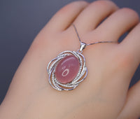 Natural Pink Chalcedony Necklace - 18KGP @ Sterling Silver - Diamond Net Pink Gemstone - Genuine Pink Chalcedony Pendant