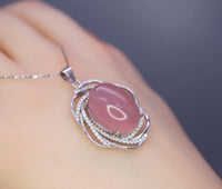 Natural Pink Chalcedony Necklace - 18KGP @ Sterling Silver - Diamond Net Pink Gemstone - Genuine Pink Chalcedony Pendant