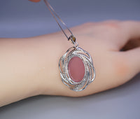 Natural Pink Chalcedony Necklace - 18KGP @ Sterling Silver - Diamond Net Pink Gemstone - Genuine Pink Chalcedony Pendant