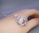 Natural Pink Chalcedony Necklace - 18KGP @ Sterling Silver - Diamond Net Pink Gemstone - Genuine Pink Chalcedony Pendant