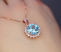 Aquamarine Necklace - 10mm Rose Gold Coated Sterling Silver Solitaire Brilliant Blue Large Round Princess Diana Sunflower Style #931