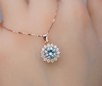 Aquamarine Necklace - Tiny Rose Gold Over Sterling silver Halo Solitaire Blue Princess Diana Style - Aquamarine Jewelry 072