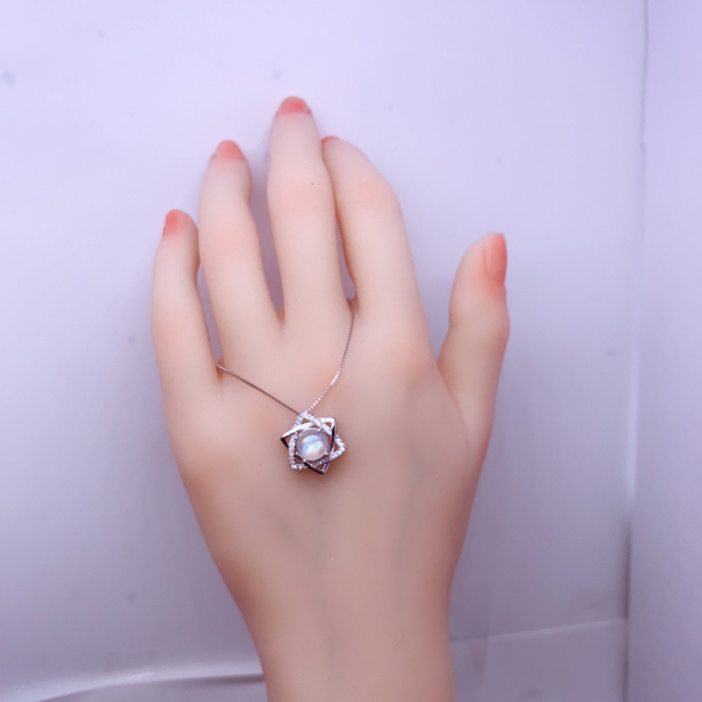 Natural rainbow moonstone necklace sterling silver David star June Birthstone Necklace