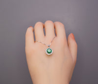 Green Emerald Necklace - Sterling Silver Princess Diana Style Sunflower Style - May Birthstone 2 Ct Lab 8mm Emerald Pendant #241