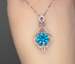 10mm Swiss Blue Topaz Necklace - Sterling Silver Flower 3.5 CT Blue Topaz Pendant - White Gold Plated Gemstone Halo Blue Topaz Pendant #504