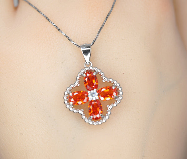 Red Orange Sunstone Necklace - Four leaf clover Tangerine Orange Sapphire Pendant - Sterling Silver Spessartite Garnet Jewelry 046